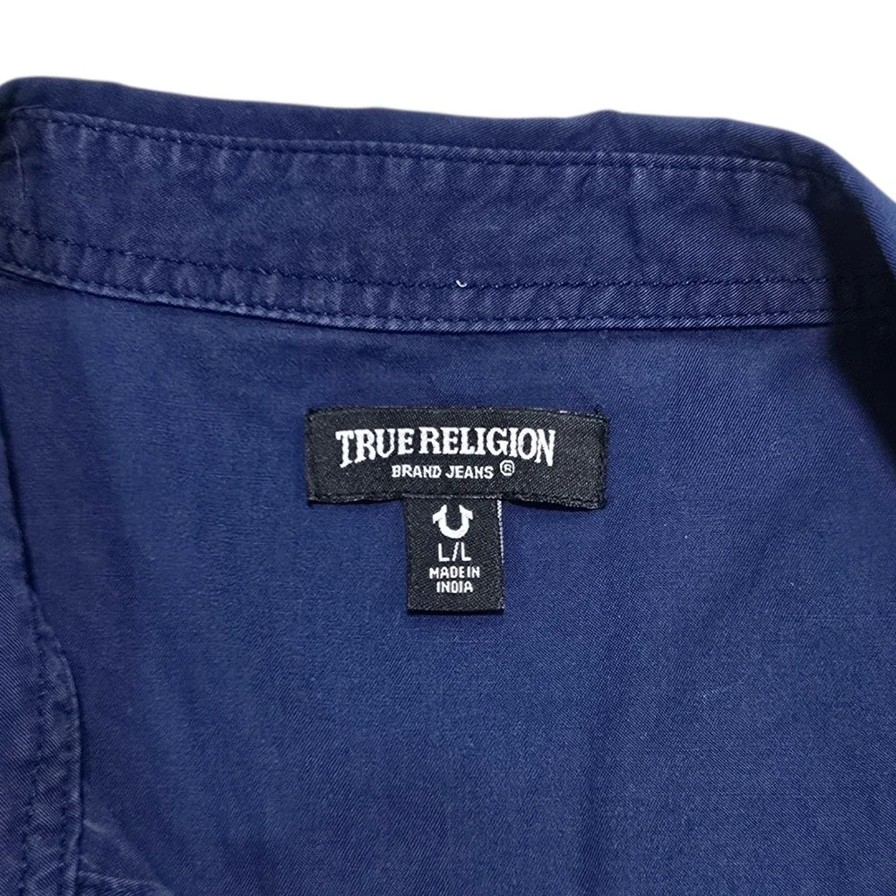 True Religion Shirt Mens Large Blue Cotton Short Sleeve Workwear Horseshoe Y2K